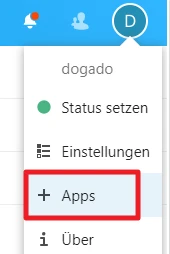 Mobile Screenshot: Blaues Kopfzeilen-Menü mit Profilbild D; Dropdown mit Status setzen, Einstellungen, + Apps, Über