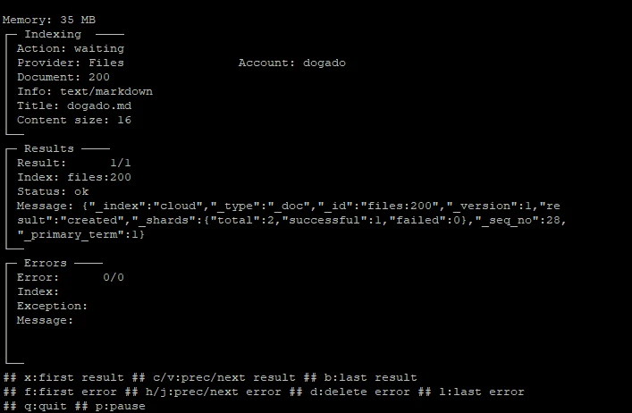 Schwarzes Terminalfenster mit weißem Text; Statusmeldungen wie Memory, Indexing, Result, Errors und Dateiinformationen.