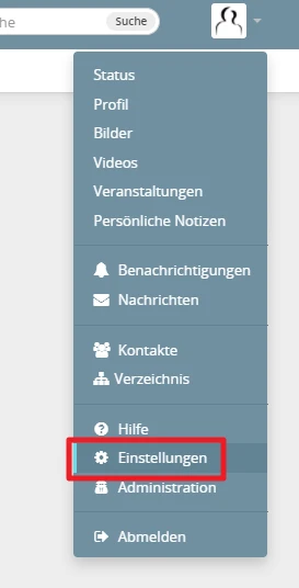 Screenshot eines blauen Dropdown-Menüs mit Einträgen wie Status, Profil, Bilder, Videos, Veranstaltungen, Einstellungen.