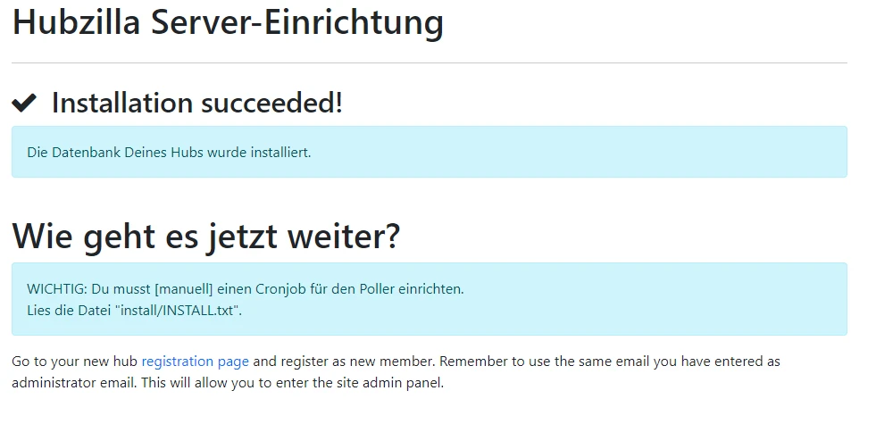 Hubzilla-Server-Einrichtung: Installationsstatus, blaue Info-Banner; Abschnitt 'Wie geht es weiter?'