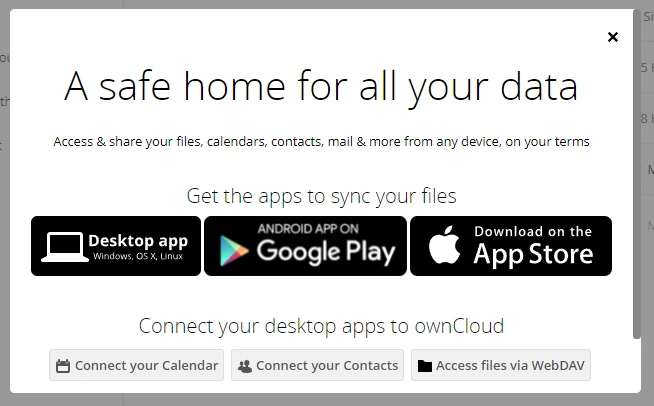 Screenshot eines Pop-up-Fensters mit dem Titel 'A safe home for all your data', App-Store-Buttons (Desktop, Google Play, App Store) und drei Buttons unten.