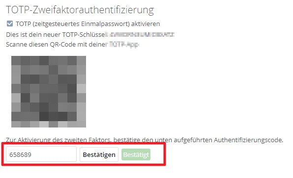 TOTP-2FA-Einrichtung: aktivierte Checkbox, QR-Code, Eingabefeld 658689, Buttons Bestätigen.