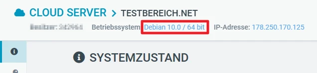 UI-Dashboard: Cloud-Server > TESTBEREICH.NET; Debian 10.0/64 Bit; IP 178.250.170.125; SYSTEMZUSTAND