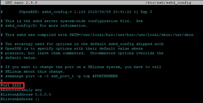 Terminalfenster mit nano, Bearbeitung von /etc/ssh/sshd_config; Port 2222, ListenAddress 0.0.0.0 und ::