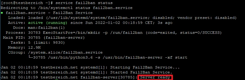 Terminalausgabe mit Fail2Ban-Logs; Start- und Statuszeilen, letzte Zeile 'Server ready' im roten Rahmen.