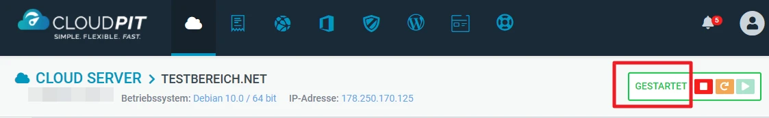Screenshot einer Web-Oberfläche: blaue Leiste, CloudPIT-Logo links, grün gerahmte Schaltfläche GESTARTET; CLOUD SERVER