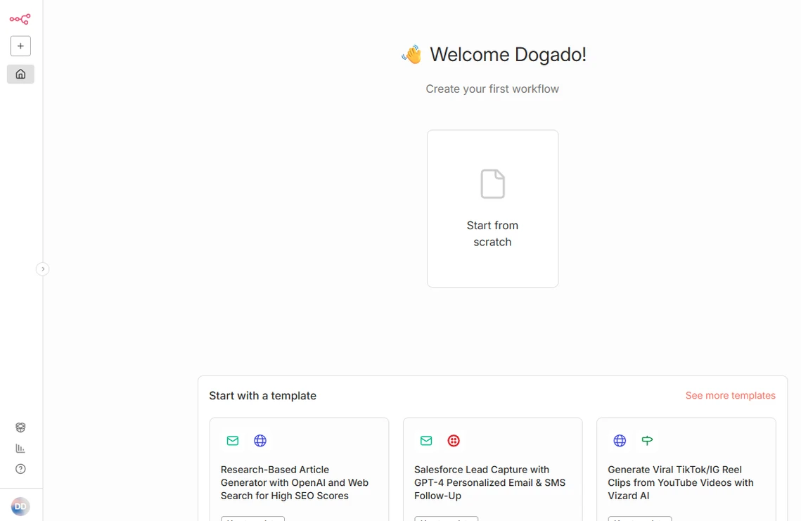 Weiße Web-App-Oberfläche. Oben rechts 'Welcome Dogado!'. Mitte: Box 'Start from scratch' mit Dokument-Icon. Unten Vorlagen.