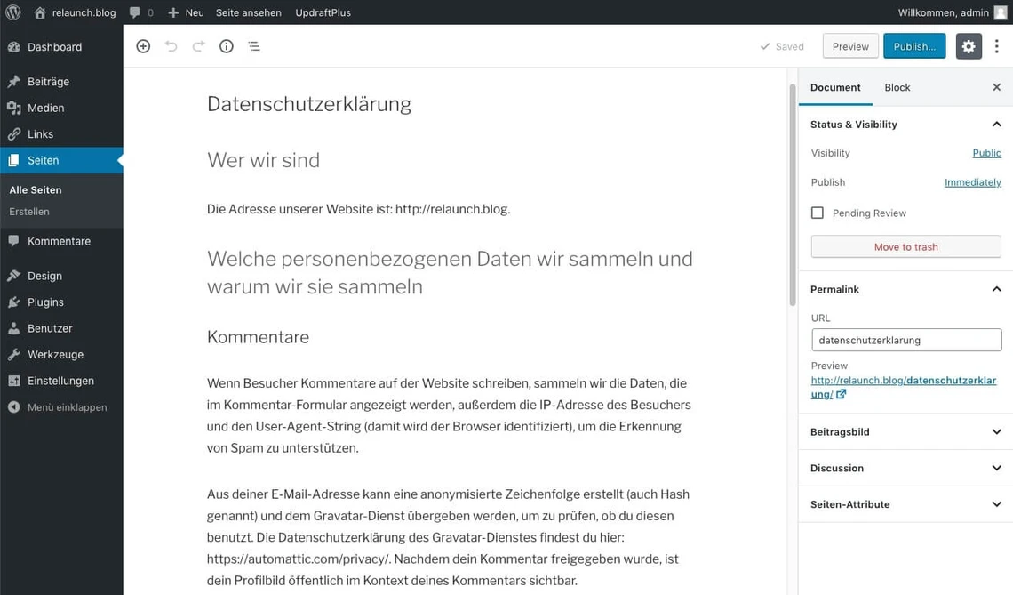 Auszug der Standard-WordPress Datenschutzerklärung