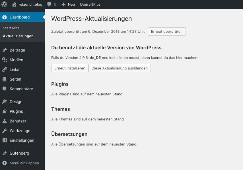 Die Aktualisierungsseite im WordPress Dashboard