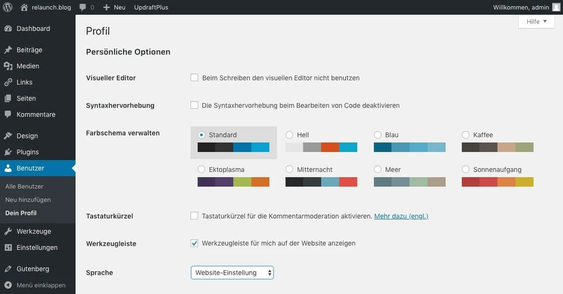 In deinem Profil kannst du ein Farbschema für das WordPress Dashboard auswählen