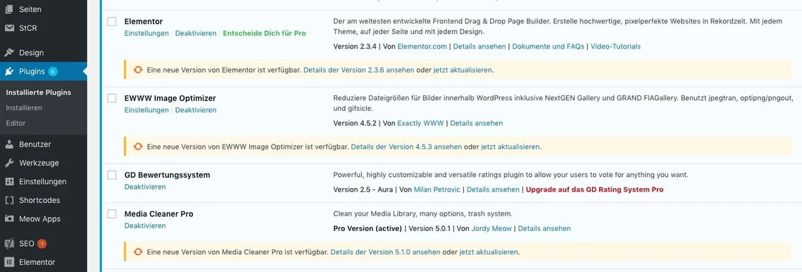 WordPress-Admin-Oberfläche; linke Seitenleiste mit Seiten, Design, Plugins; gelber Elementor-Update-Hinweis.