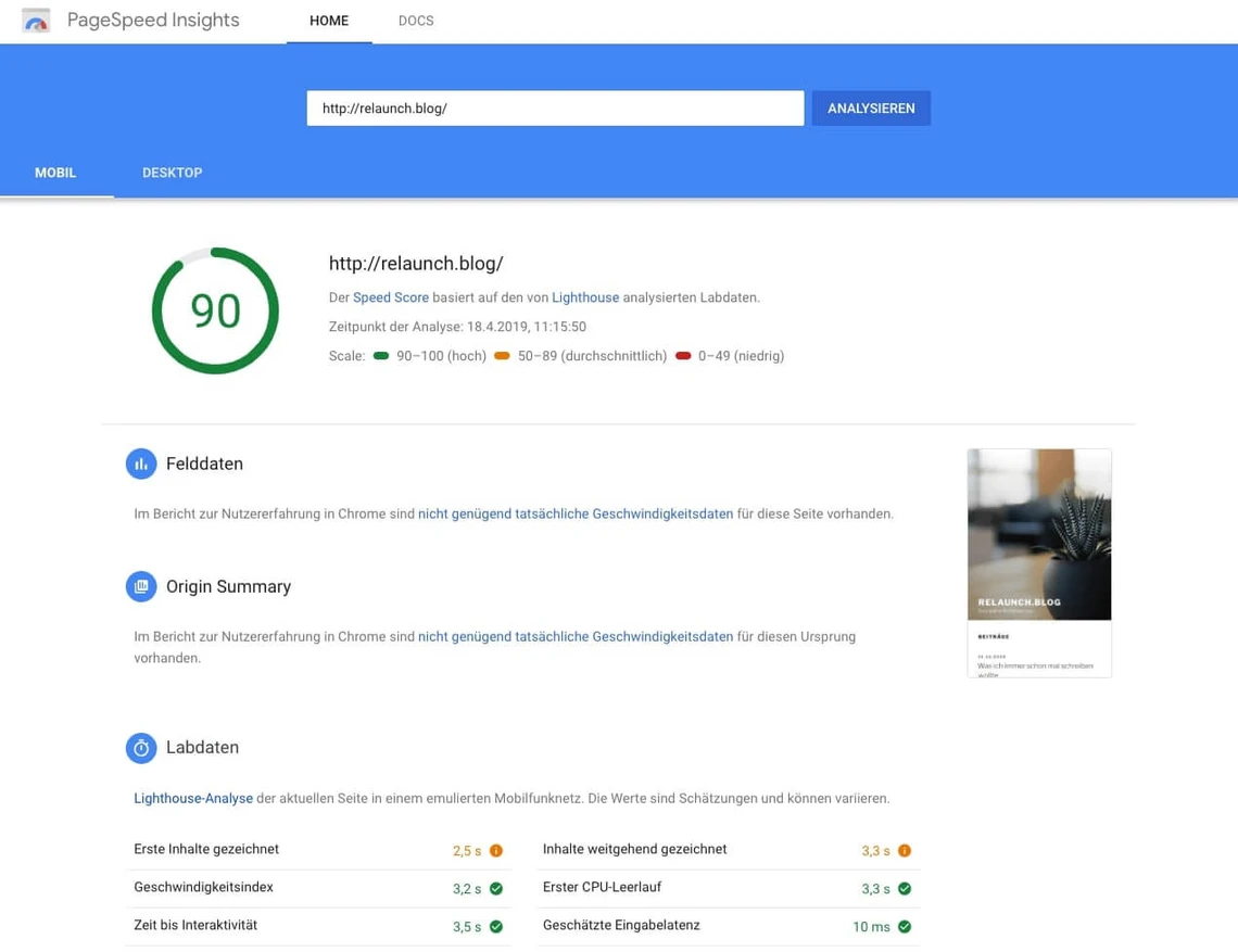 PageSpeed Insights - Neuer Speed Score