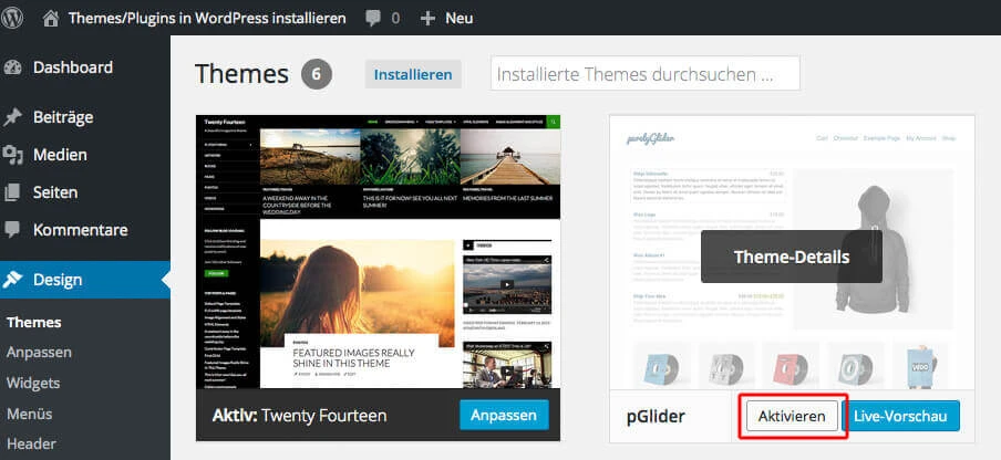 Theme aktivieren Screenshot WordPress Backend