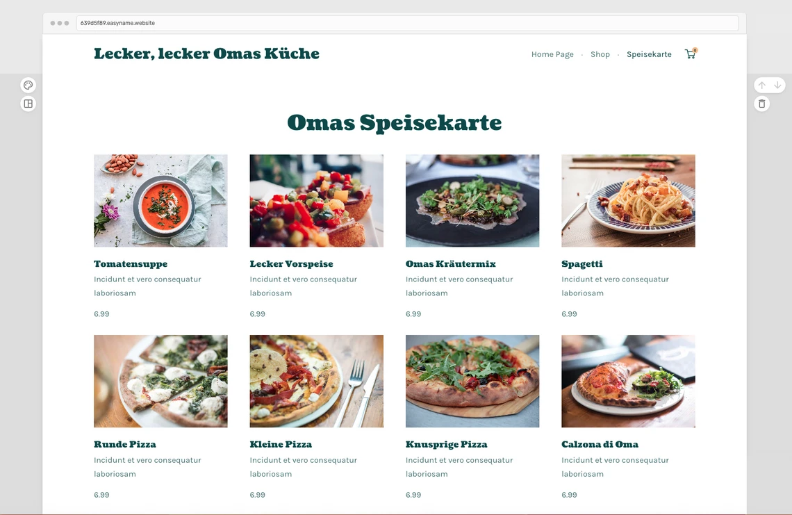 Webseite mit der Überschrift 'Omas Speisekarte' zeigt acht Gerichtfotos in einer Rastergalerie.