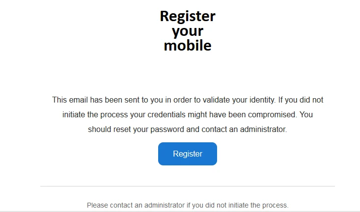 Seite mit Überschrift Register your mobile, Fließtext, blauer Button Register, horizontale Linie und Fußtext.
