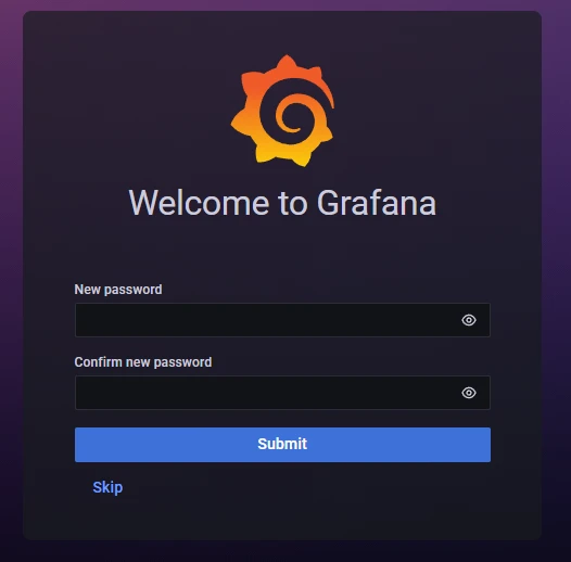 Bildschirm mit Grafana-Login: Logo Welcome to Grafana, zwei Passwortfelder, Button Submit, Link Skip.