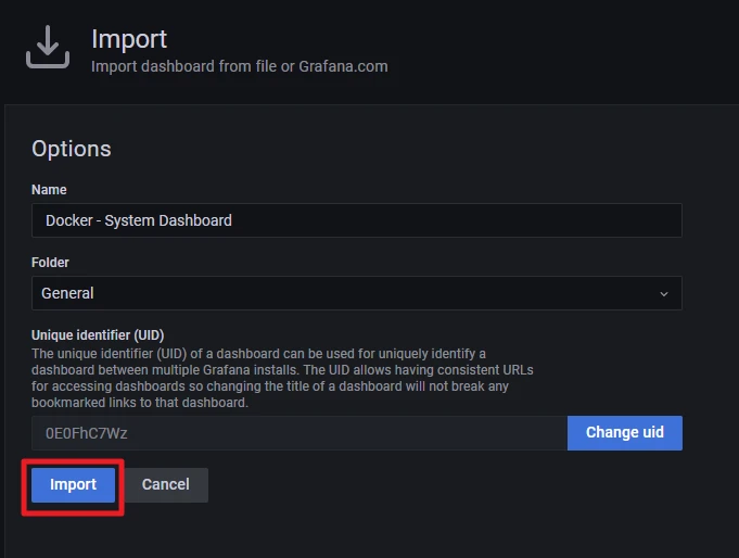 Dunkles Grafana-Importfenster: Name 'Docker - System Dashboard', Ordner 'General', UID-Feld; blauer Import-Button.