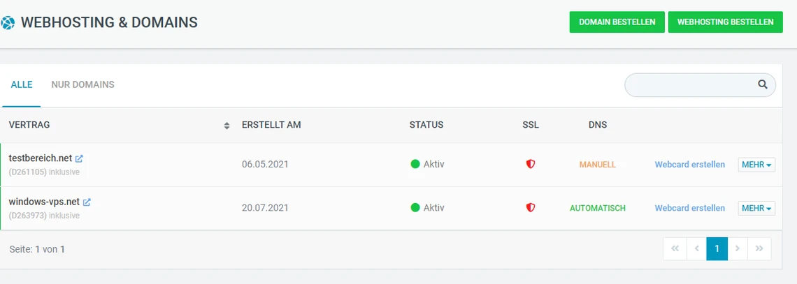 Bildschirm einer Webhosting-Domains-Verwaltung: Kopfzeile mit 'WEBHOSTING & DOMAINS', Domainliste und Aktiv-Status.