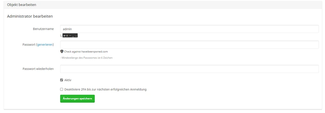 Screenshot eines Admin-Login-Formulars: Felder für Benutzername und Passwort, darunter eine grüne Anmelden-Schaltfläche.
