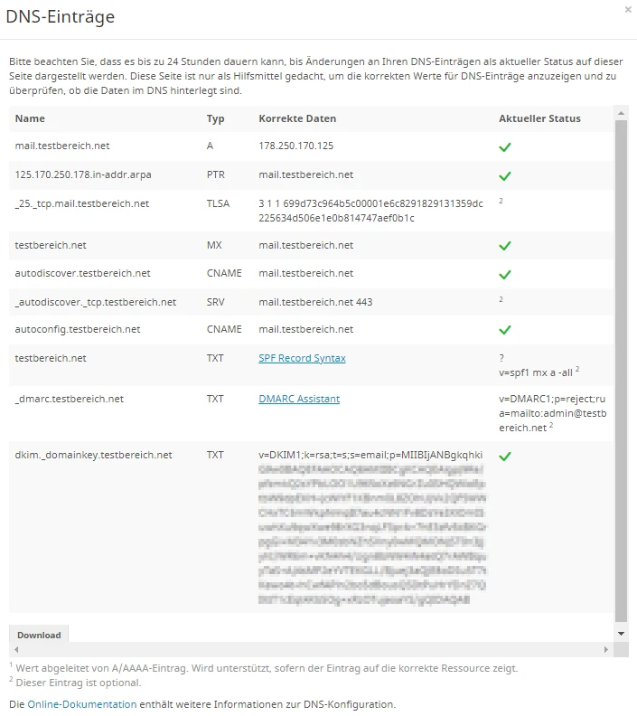 Bildschirm zeigt DNS-Einträge: Tabelle mit A-, PTR-, TLSA-, MX-, CNAME-, SRV- und TXT-Einträgen; Status-Häkchen.