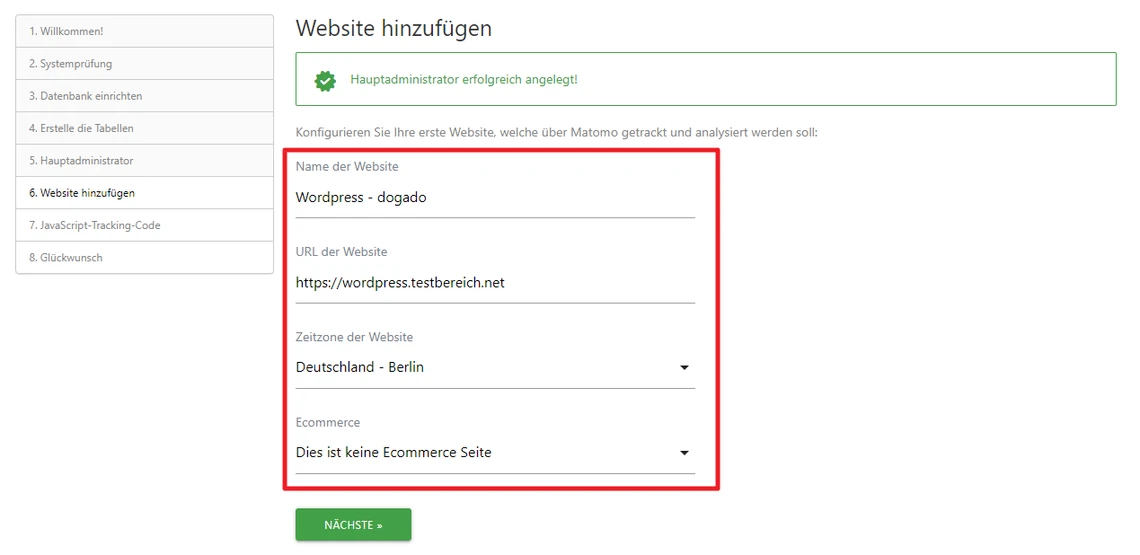 Screenshot einer Admin-Oberfläche mit linkem Menü, Website hinzufügen, grüne Bestätigung, roter Rahmen um Formularfelder.