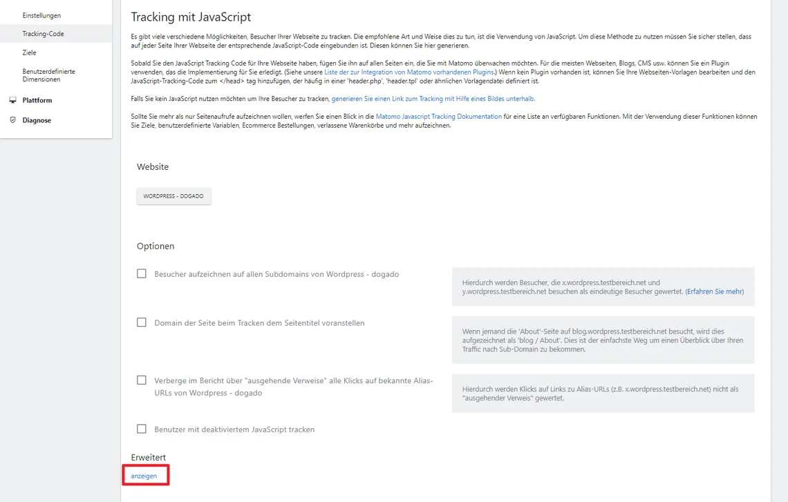 Screenshot einer Einstellungsseite Tracking mit JavaScript: linke Seitenleiste, Website-Feld, Optionen mit Kästchen.