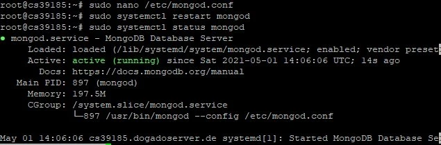 Terminal mit Befehlen zu mongod.conf und MongoDB-Dienst; Ausgabe zeigt Main PID 697, Speicher 17.5M, Started MongoDB-Server.