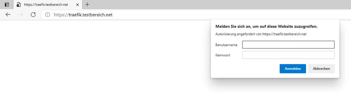 Browserfenster mit Anmelde-Dialog: Felder Benutzername, Kennwort; Buttons Anmelden und Abbrechen.