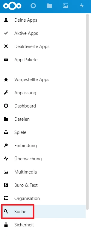 Bildschirm mit blauer Kopfzeile; weiße Seitenleiste mit Symbolen und Einträgen wie Deine Apps, Aktive Apps, Suche, Sicherheit.