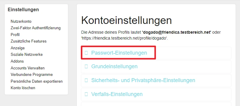 Kontoeinstellungen-Seite: Linkes Menü mit Optionen; Hauptbereich zeigt 'Kontoeinstellungen' und hervorgehobene 'Passwort-Einstellungen'.