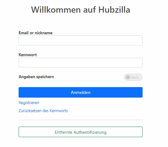 Login-Seite mit Überschrift Willkommen auf Hubzilla, zwei Felder Email/Nickname und Kennwort, blauer Anmelden-Button.