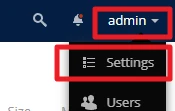 Dunkles Admin-UI; oben rechts 'admin ▾', Dropdown zeigt 'Settings', darunter 'Users' mit Symbolen.