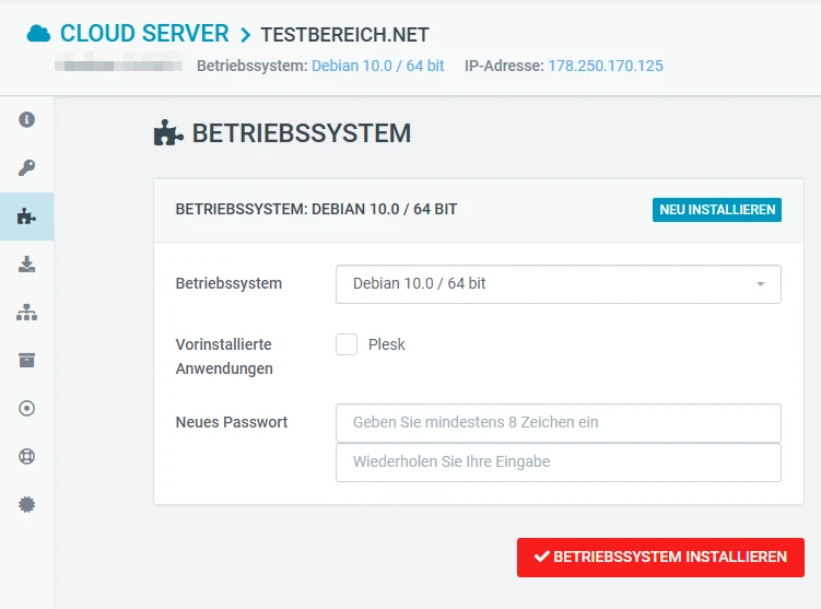 Screenshot einer Server-Verwaltungsoberfläche mit Debian 10.0 / 64 Bit, linke Symbolleiste und rotem Installieren-Button.