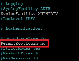 Screenshot eines Terminalfensters mit farbigen Konfigurationszeilen; in roter Umrandung steht PermitRootLogin no.