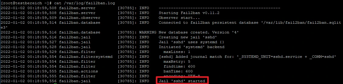 Terminalfenster mit Logzeilen; u. a. 'Starting fail2ban v0.11.2' und rot markierte Zeile 'Jail 'sshd' started'.