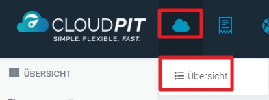 Header in Dunkelblau mit CloudPIT-Logo; hervorgehobenes Wolkensymbol; darunter 'Übersicht' als ausgewähltes Menüelement.