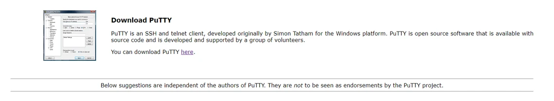 Screenshot einer Webseite mit dem Link 'Download PUTTY', Textabschnitten und einer Fußnote am unteren Rand.