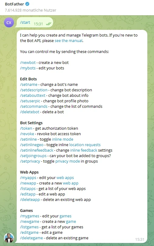 Telegram-Chat mit BotFather; Befehle zur Bot-Erstellung: /newbot, /setname, /setdescription; grüner Hintergrund.