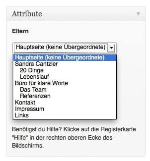 Wenn du eine Seite einer anderen unterordnen möchtest, musst du eine Elternseite benennen. Screenshot: S. Cantzler