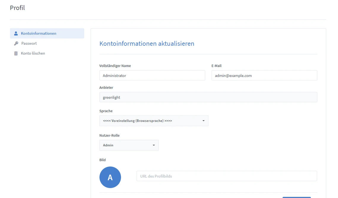 Kontoinformationen aktualisieren: Felder für Name, E-Mail, Anbieter, Sprache, Rolle und Avatar ('A'); Profilmenü.