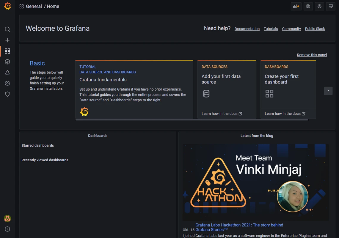 Grafana-Dashboard im Dunkelmodus: linkes Menü, obere Leiste, drei Panels: Tutorial, Data Sources, Dashboards.