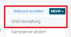 Weboberfläche mit blauem Band und Dropdown: Webcard erstellen, MEHR; DNS-Verwaltung, Nameserver ändern.