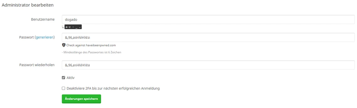 Administratoren bearbeiten: Formularfelder für Benutzername, Passwort und Passwort wiederholen; grüner Button speichern.
