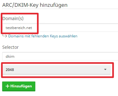 Formular zum Hinzufügen eines DKIM-Schlüssels: Domain(s): testbereich.net; Selector: dkim; Größe: 2048; + Hinzufügen.