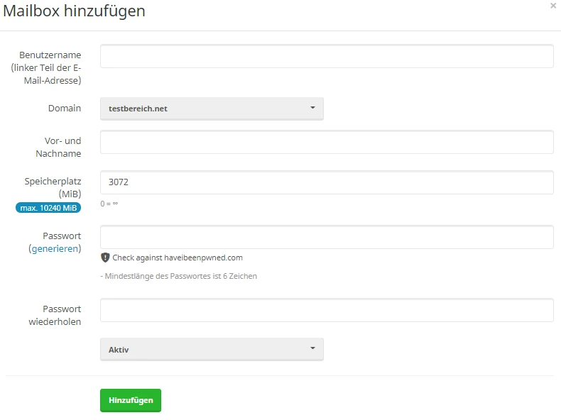 Formular zum Hinzufügen einer Mailbox: Benutzername, Domain testbereich.net, Speicher 3072 MB, Passwort; Button Hinzufügen