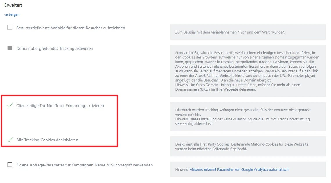 Screenshot eines Einstellungsfensters mit roter Umrandung um zwei Checkboxen mit Bezeichnungen.