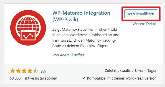 Plugin-Kachel mit rotem Globus-Logo links, Titel WP-Matomo Integration (WP-Piwik); rechts Jetzt installieren, Beschreibung.