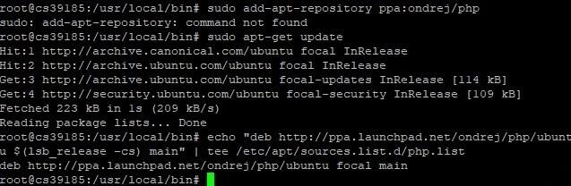 Schwarzes Terminalfenster mit Root-Prompt; mehrere apt-Befehle und Ausgaben, inklusive URLs und 'Fetched'.