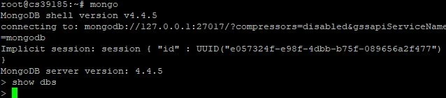 Terminalfenster mit MongoDB-Shell; Version v4.4.5, Server-Version 4.4.5, Implicit-Session UUID, > show dbs