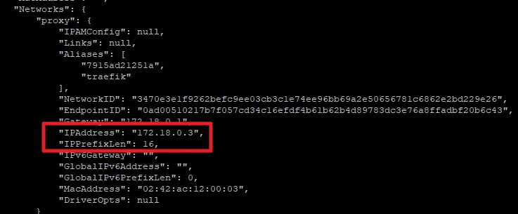 Screenshot eines Code-Blocks mit JSON-Daten; IPAddress: 172.18.0.3 ist durch roten Rahmen hervorgehoben.